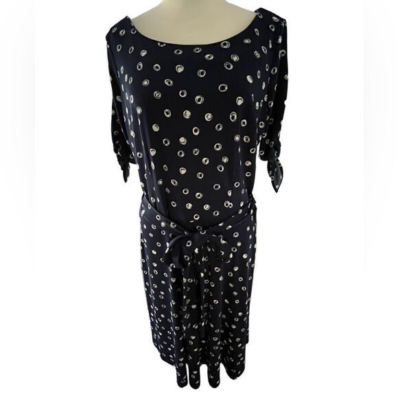 Talbots Woman Petites navy/white dress with tie belt, tie sleeves, size XP. - Picture 1 of 8